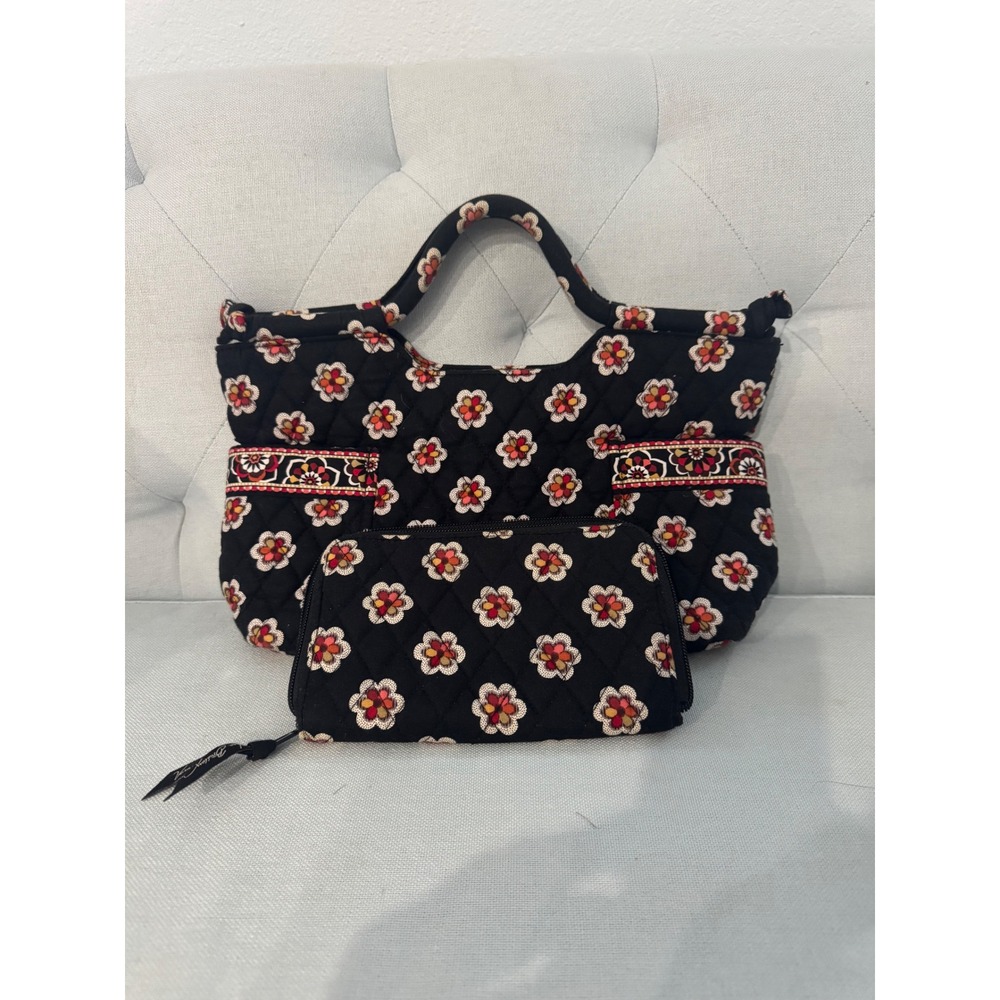 Vera Bradley Gabby Satchel Handbag and Wallet Set Pirouette Black Floral Quilted